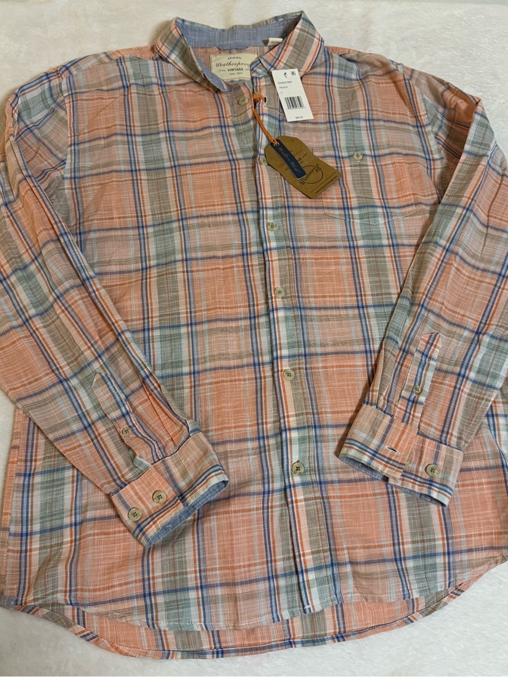 Weatherproof Vintage Men’s Large Plaid Shirt Peach Blue 100% Cotton NWT